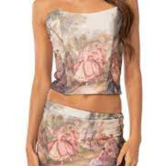 EDIKTED TAPESTRY PRINTED MESH CORSET TOP IN GRE,PINK ,BROWN/M - Picture 1 of 17